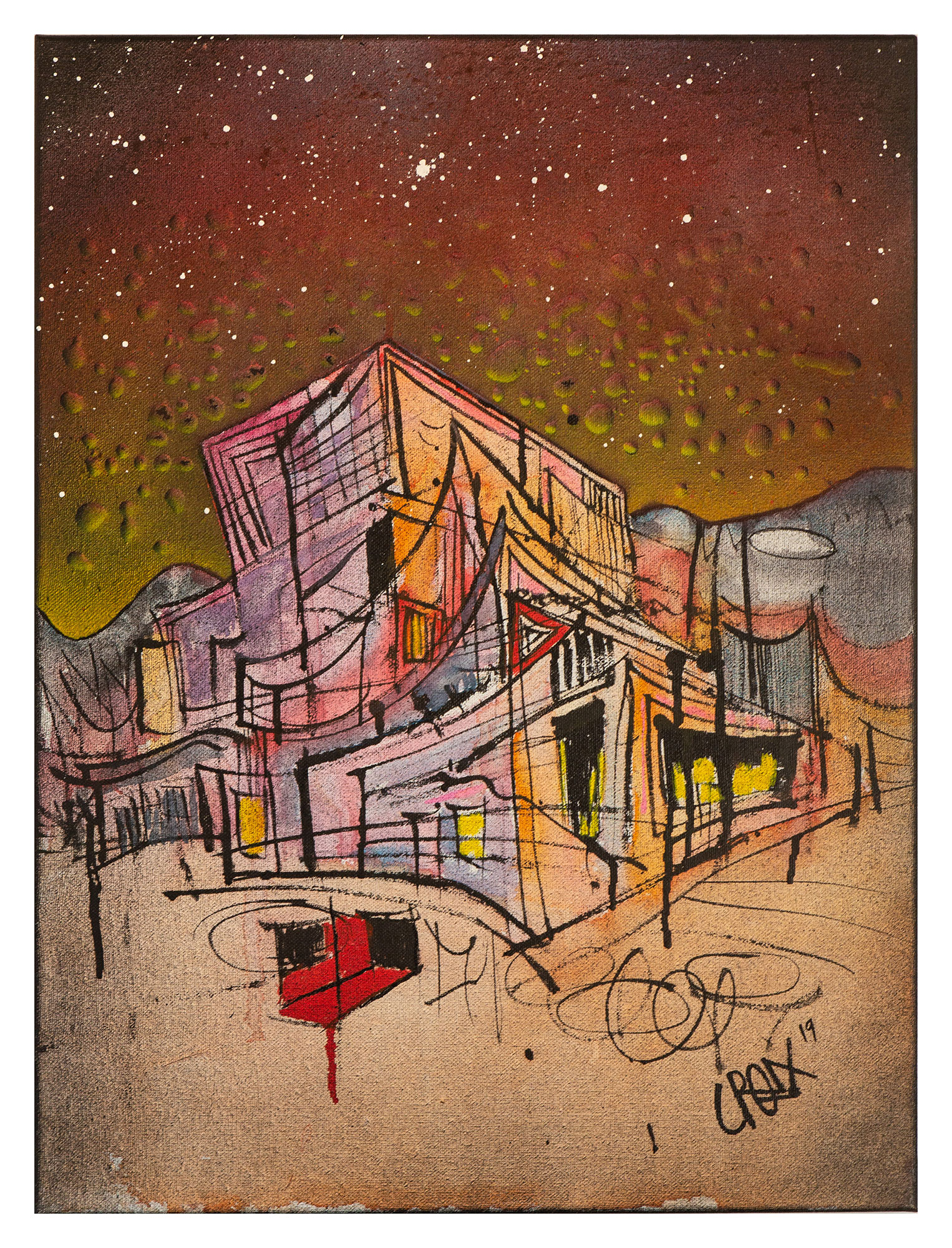 Acrylic, Watercolor and spray paint on canvas (24”x 18”) 2019